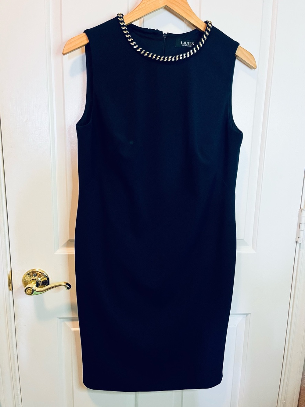 Lauren Ralph Lauren Navy Sleeveless Chain-Neck Detail Sheath Dress Sz 8